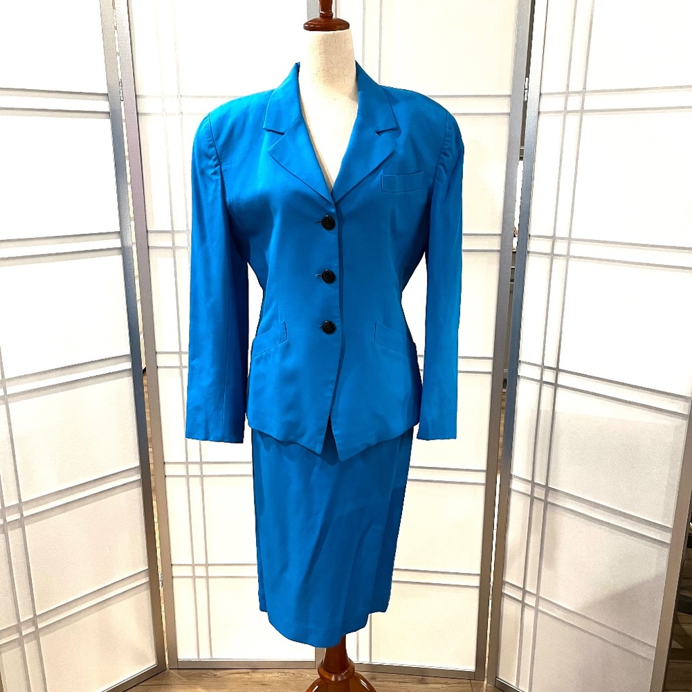 CHRISTIAN DIOR Vintage Turquoise/Blue Blazer and Straight Skirt w/Pleats Suit